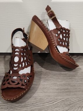 Lobo Solo Susa Cutout Leather Platform Wedge Sandals Brown Mex 26.5 US 9.5-10
